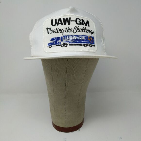 VINTAGE General Motors Hat White Strap Back Cap Trucker Patch Logo UAW GM 80s - Picture 2 of 11